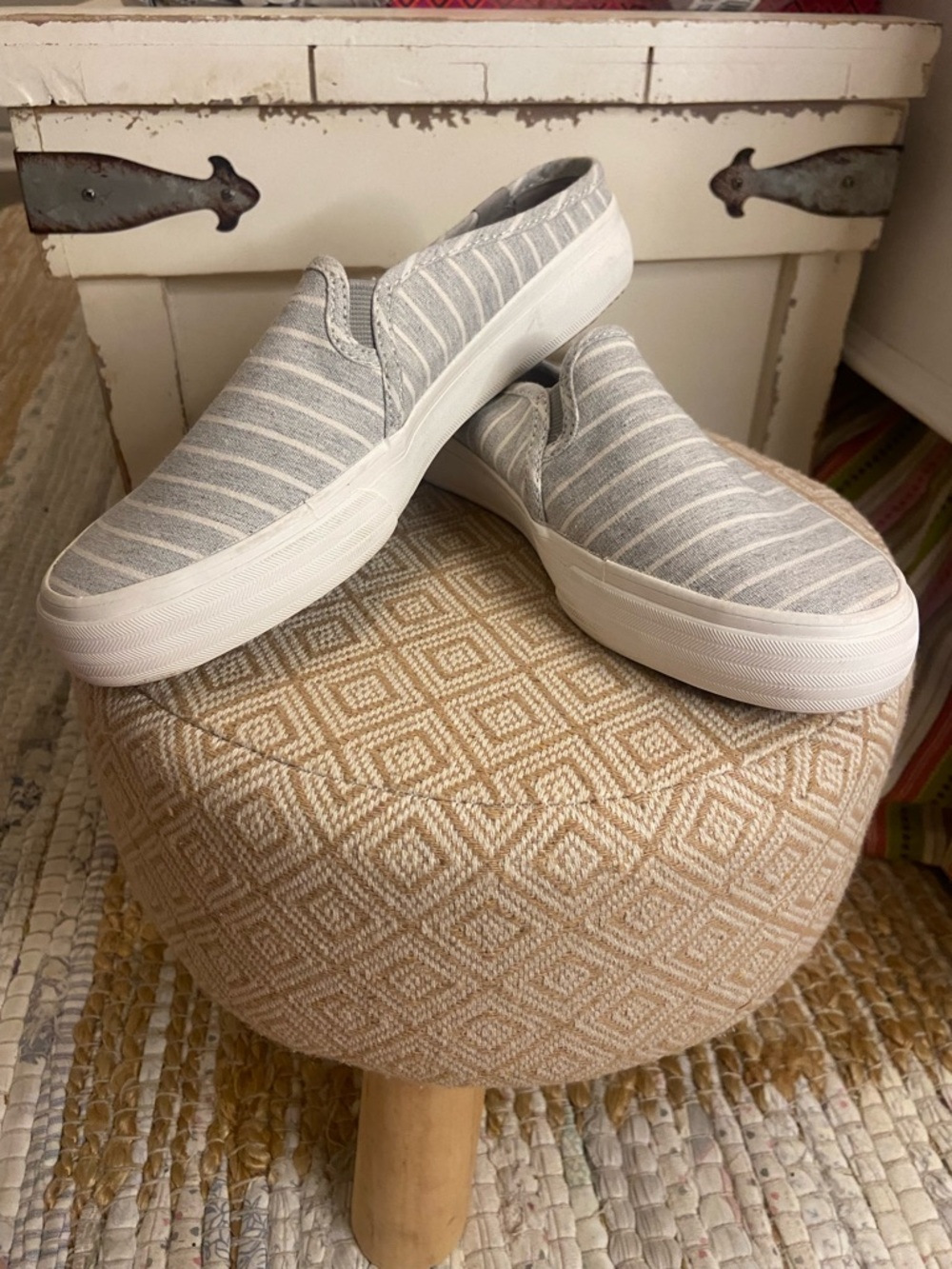 Keds Slip-On Sneakers in Light Gray and White Stripe